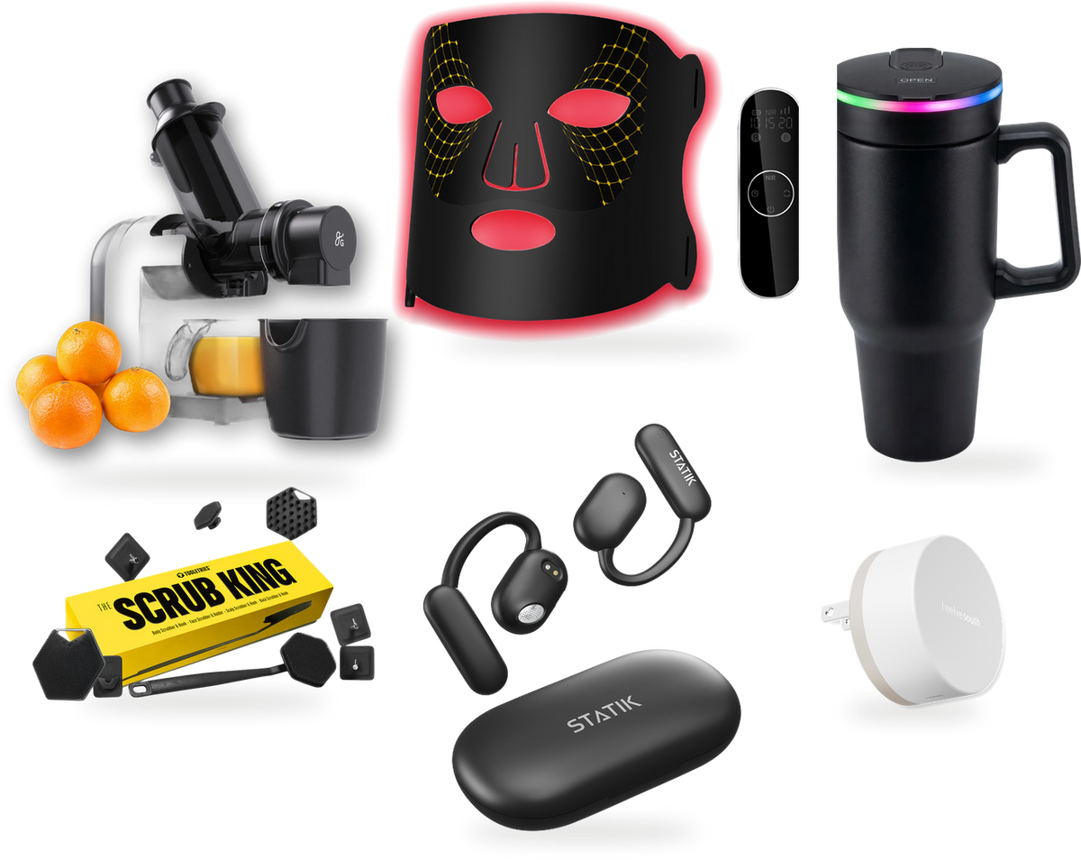 A juicer, LED face mask, insulated blender, Scrub King set, open-ear earbuds and a PowerBug charger