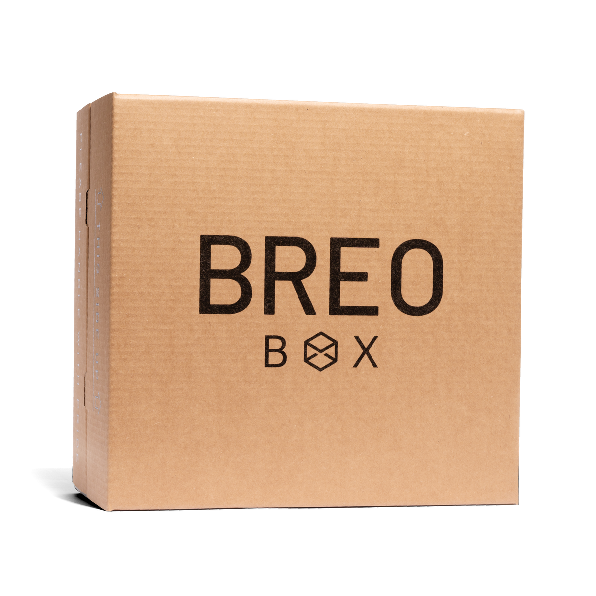 A square brown cardboard shipping box with the brand name 'BREO BOX' printed in black on the front, photographed on a clean white background.