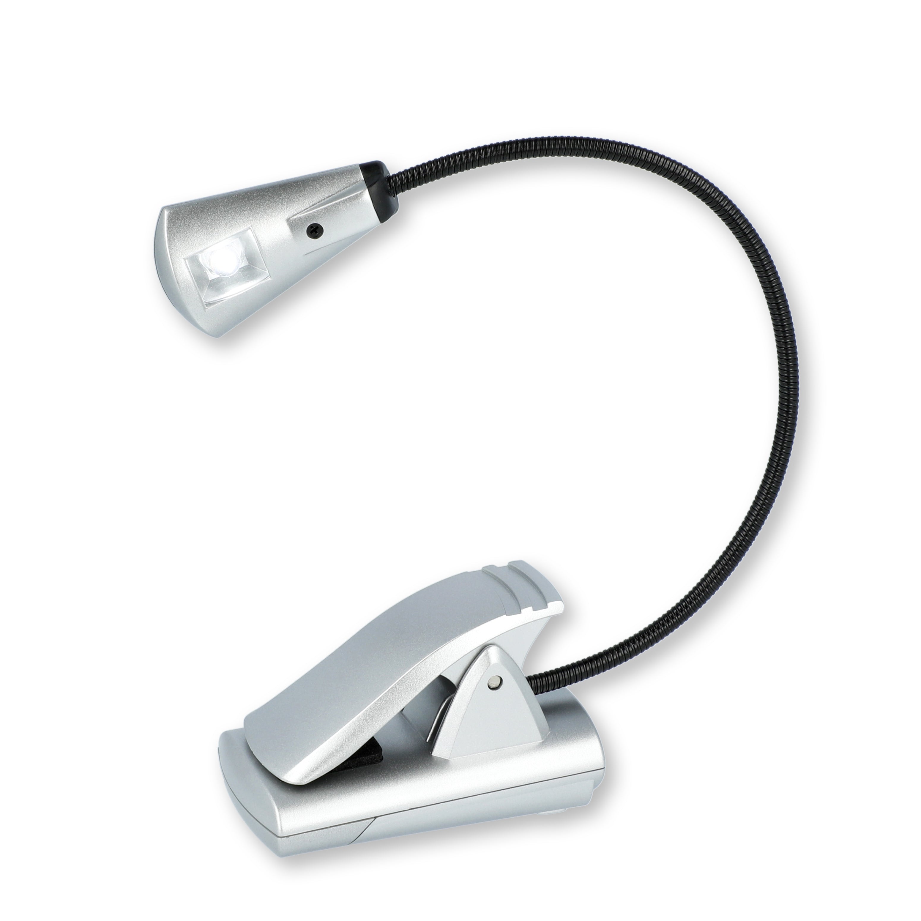 Clip-on reading light with flexible neck on a white background
