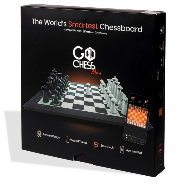 Box of Go Chess Mini chessboard with digital display and app interface.