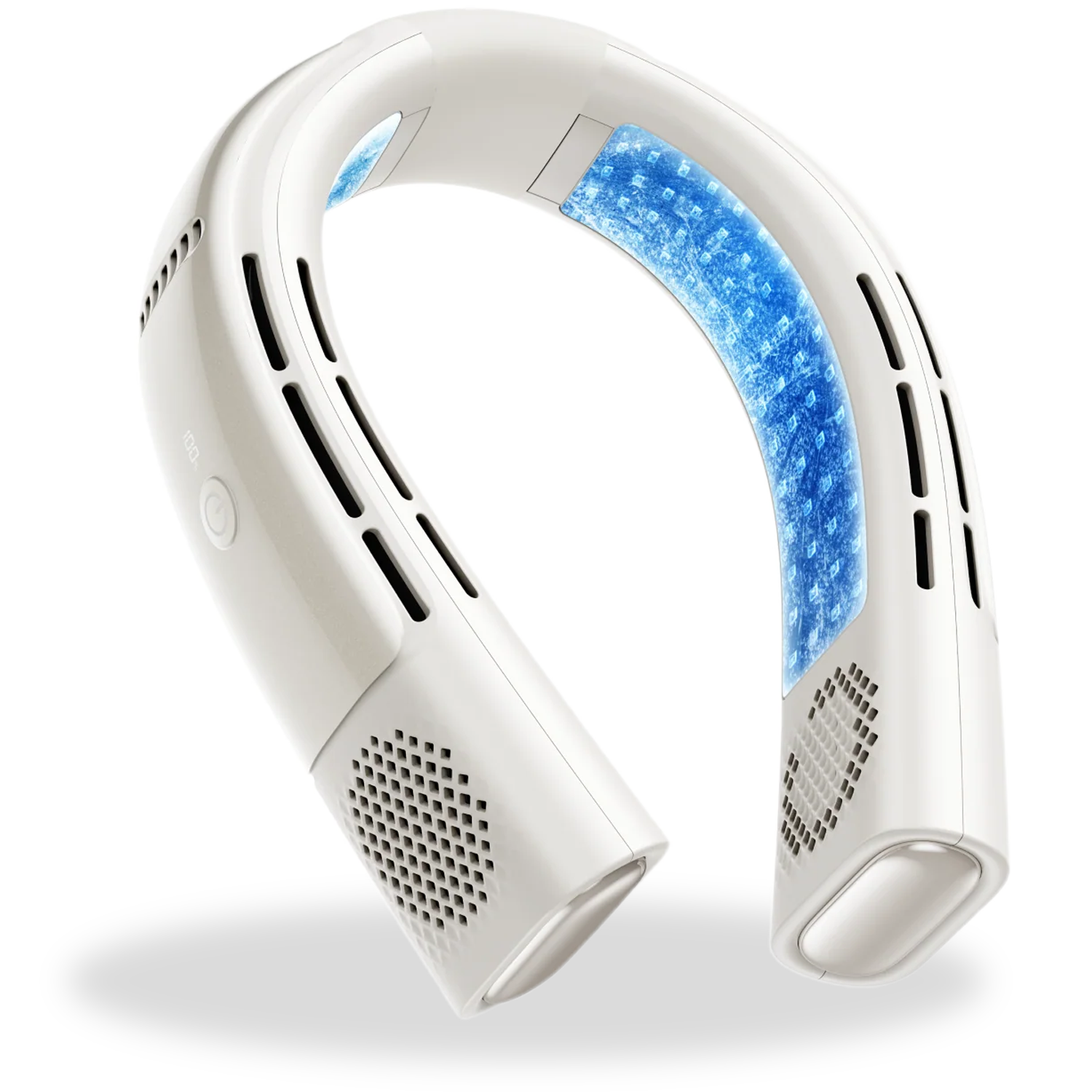 White neck device with blue glowing interior on a white background