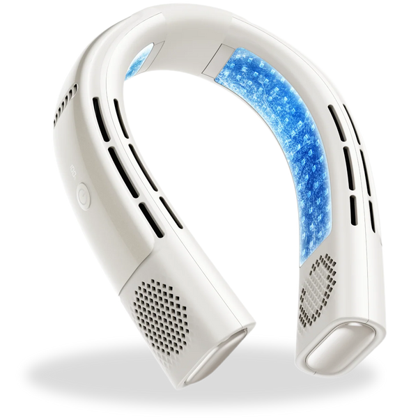 White neck device with blue glowing interior on a white background