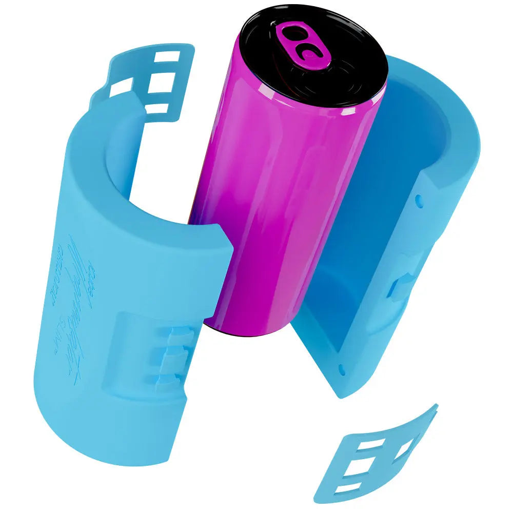 The Wrapsulator Slim opened to show the blue gel panels around a slim can