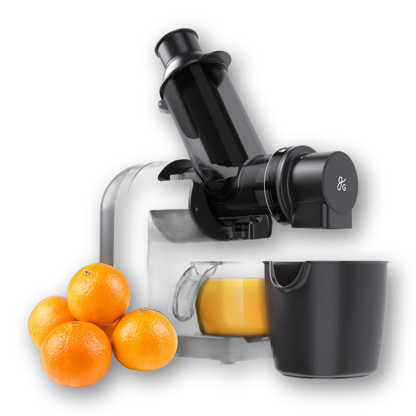Greater Goods Cold Press Juicer - Onyx Black with oranges and juice cup