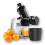 Greater Goods Cold Press Juicer - Onyx Black with oranges and juice cup