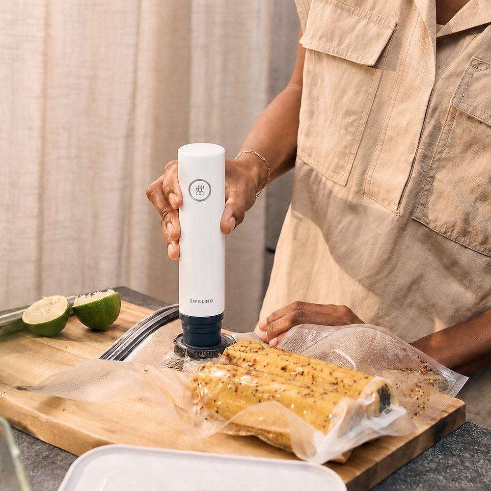 Hand pressing the ZWILLING vacuum pump onto a bag of grilled corn